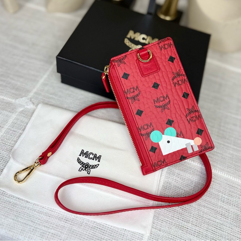NEW! Unisex MCM Viva Red Visetos Year Of The Mouse Lanyard Card Holder
